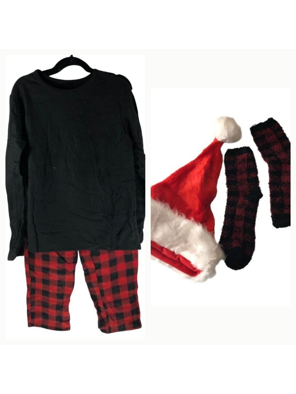 Mens Christmas Pajama Set Santa Hat & Socks Black Top Red Plaid Pants Size L